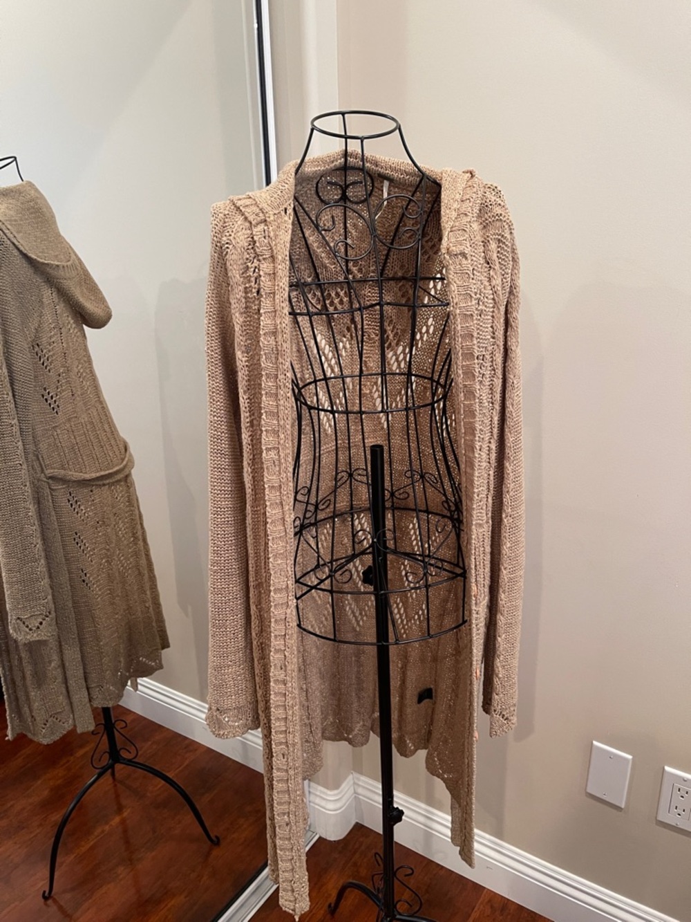 Free People Taupe Open-Front Hooded Knit Cardigan
